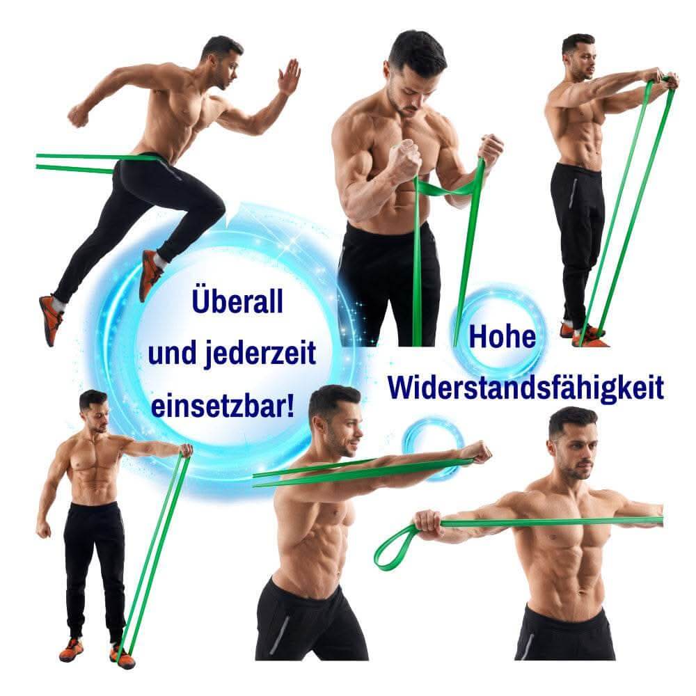 Mehrere Übungen eines Mannes mit grünem Widerstandsband.