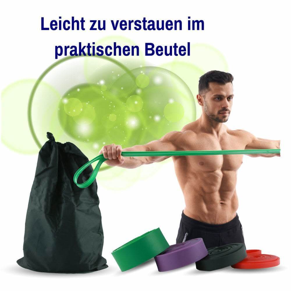 Mann mit grünem Widerstandsband neben Aufbewahrungsbeutel und Bändern.